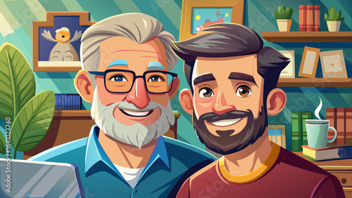 Close-up portrait Adult hipster son and old senior father stay for work at home, two generations have a beard talking together and relaxing with smile, happy enjoy living to isolation quarantine at ho