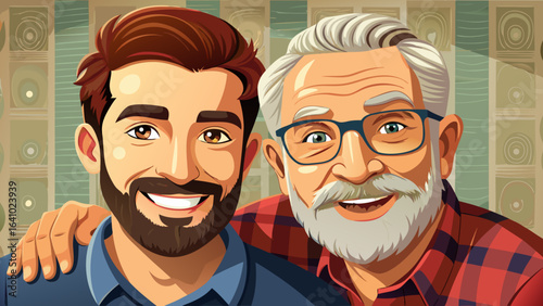 Close-up portrait Adult hipster son and old senior father stay for work at home, two generations have a beard talking together and relaxing with smile, happy enjoy living to isolation quarantine at ho