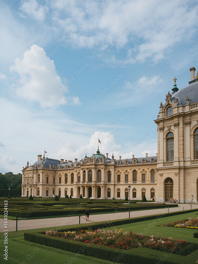 Naklejka premium Palace Versailles was a royal chateau, 20 kilometers southwest of centre of Paris. Orangerie Parterre (1684 - 1686) in Versailles palace. VERSAILLES, FRANCE.