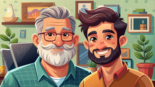 Close-up portrait Adult hipster son and old senior father stay for work at home, two generations have a beard talking together and relaxing with smile, happy enjoy living to isolation quarantine at ho