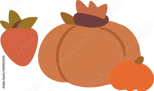A flat-style illustration of three autumn fruits, including two pumpkins and a persimmon, in warm harvest colors.