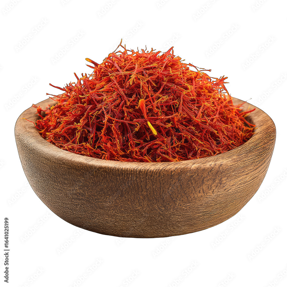 Fototapeta premium Pile of vibrant saffron threads in a wooden bowl