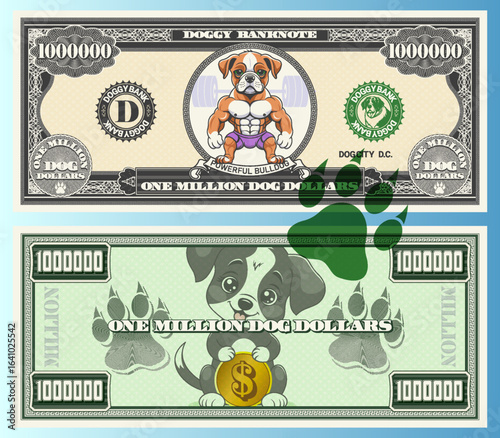 Vector banknote, denomination of 1000000 dog dollars. Portrait of muscular doggy ​​of bulldog breed and canine tracks. Nice cute sitting puppy with gold coin. Obverse and reverse of game money