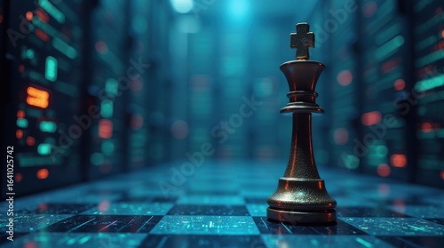 Strategic chess move in digital realm server room 3d render cyber environment close-up intelligence concept