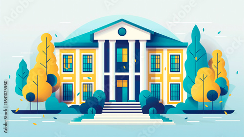 Vector university building with columns and trees