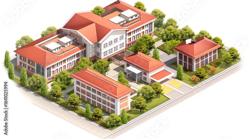 3D model of school campus with red roofs