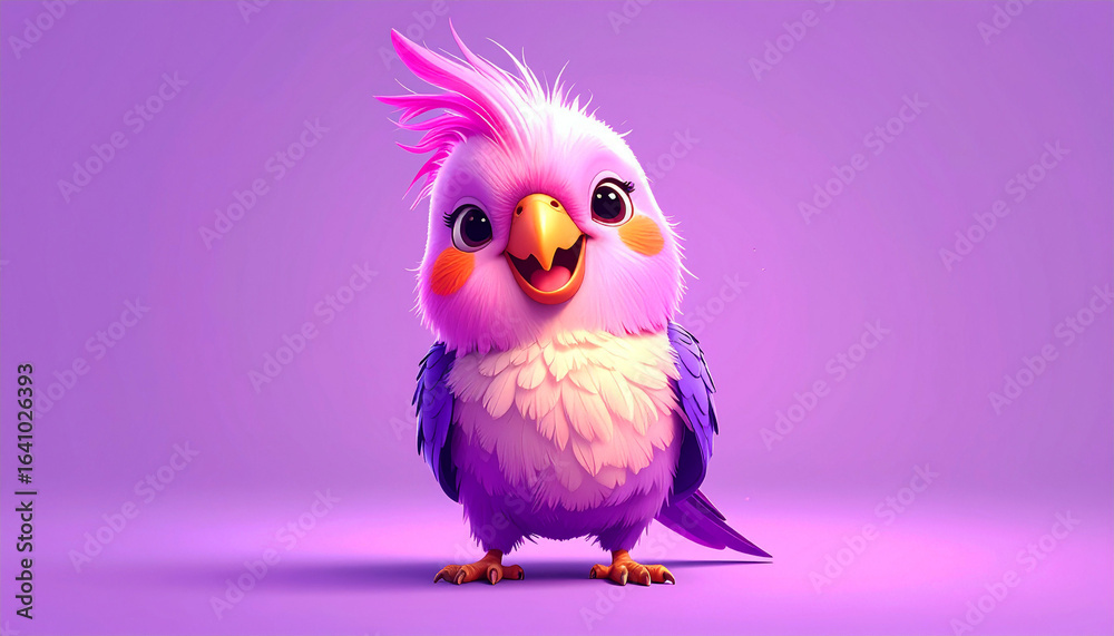 Naklejka premium Adorable 3D-rendered cartoon cockatiel with vibrant purple, pink, and magenta feathers, big brown eyes, and a happy smile, standing on a soft pastel background.