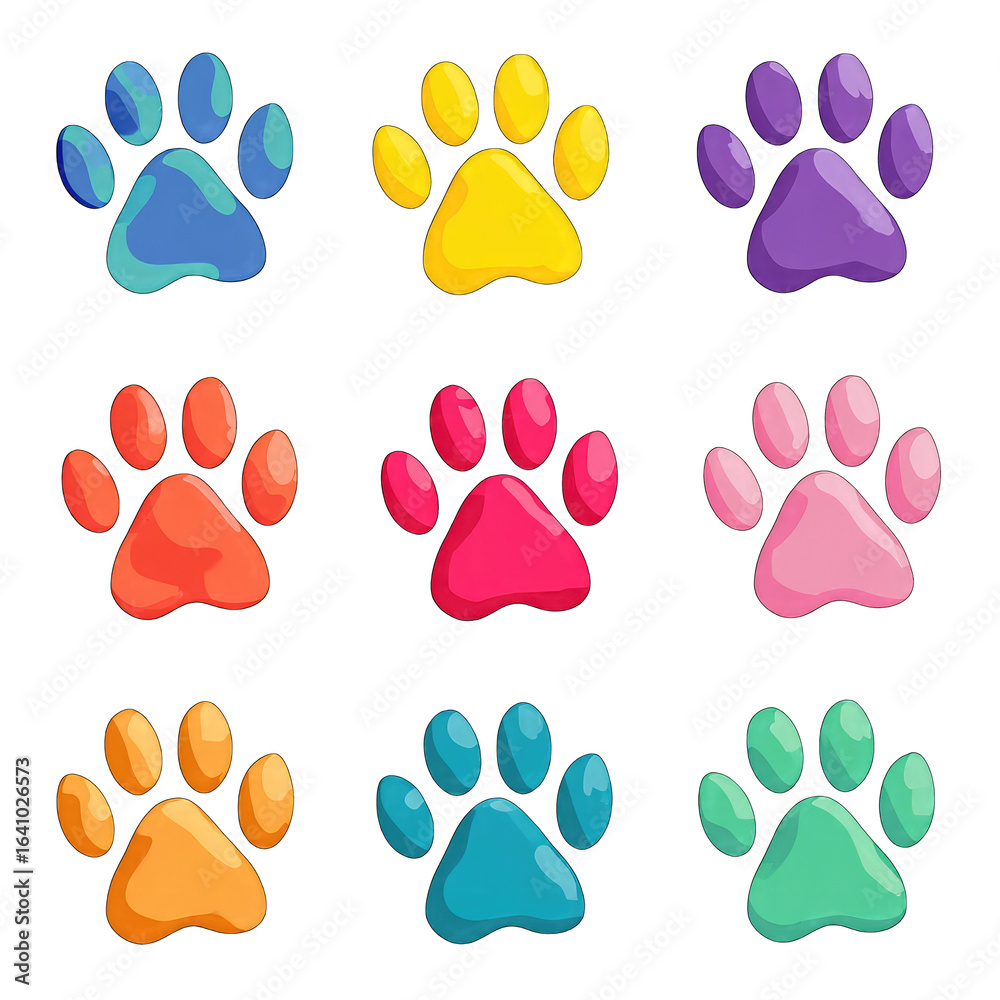 Fototapeta premium Nine colorful paw prints in a grid pattern
