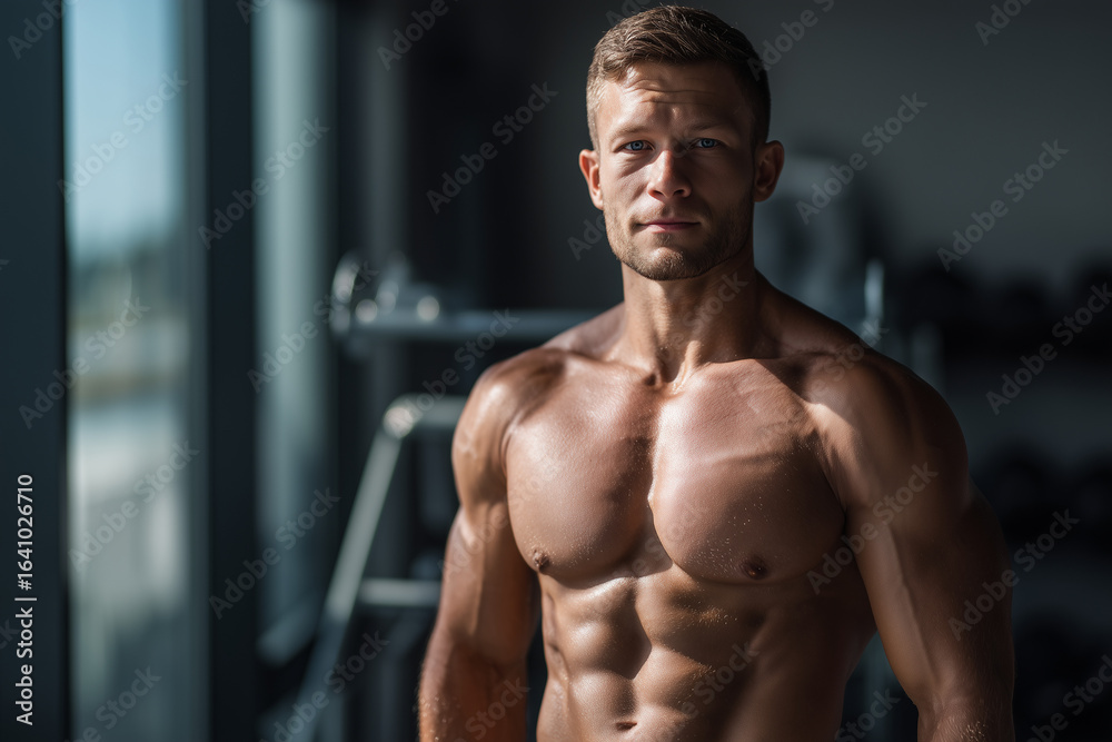 Fototapeta premium Muscular young man with defined abs and chest posing confidently in a gym with natural light
