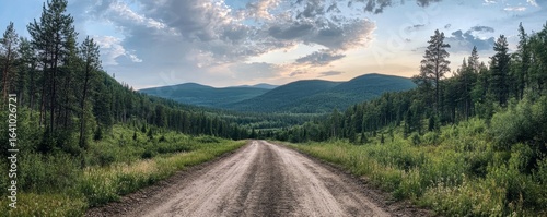 Front view of a dirt road  through the middle of a forest, showcasing the peacefulness and quiet of the natural world, Generative AI