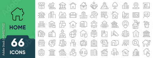 House and real estate icon set in linear style. Collection of 66 outline icons representing property, buildings, home, rent, sale, and construction. Editable stroke.