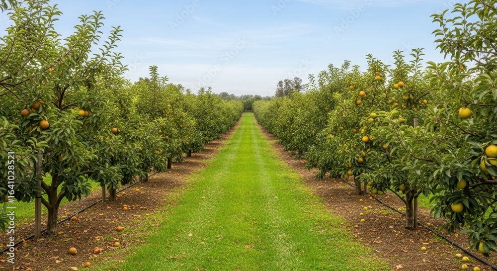 Obraz premium Orchard with green rows of trees
