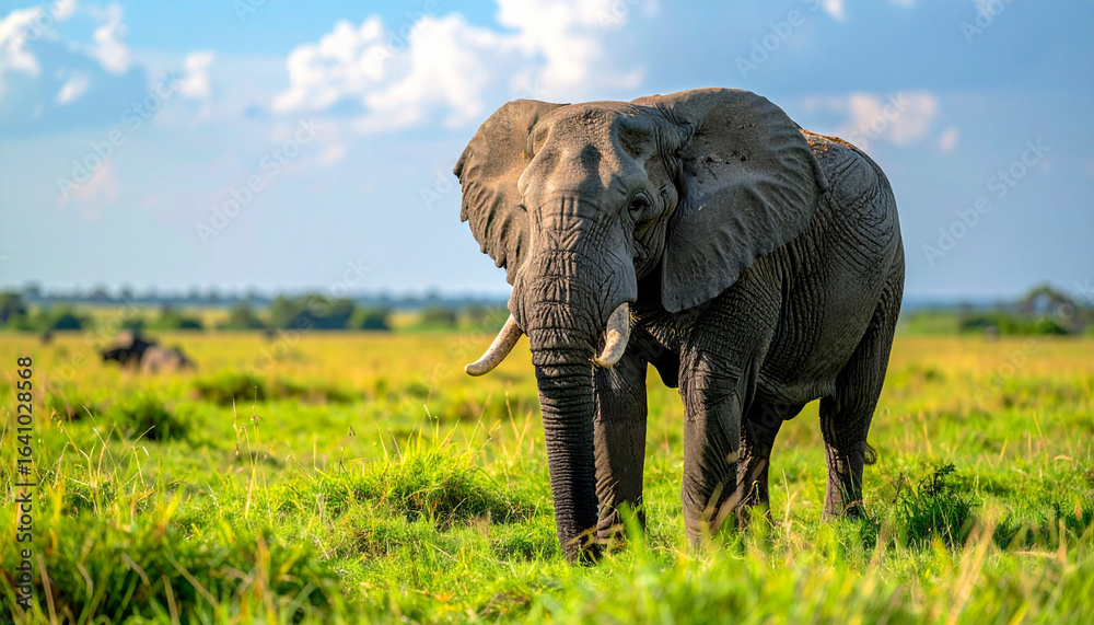 Fototapeta premium elephant in the wild, African elephant walking across lush green savanna, with herd in the background and distant hills under soft sunlight, symbolizing wildlife, strength, nature, and conservation