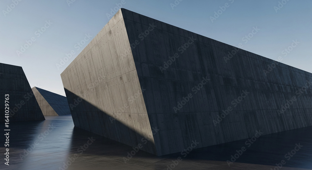 Obraz premium Abstract gray concrete geometric structures, creating a minimalist and modern architectural scene, showcasing starkness and industrial design, for modern architecture or design concepts