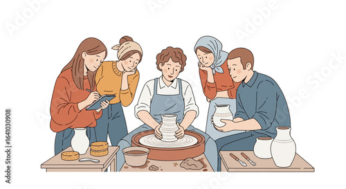 Pottery Class Illustration Showcasing Artistic Skill Development, Clay Shaping, and Collaborative Learning for Arts Education and Creative Workshops
