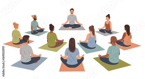 Diverse Group Meditation Session with an Instructor, Promoting Mindfulness, Wellness, and Spiritual Harmony in Yoga and Meditation Practices