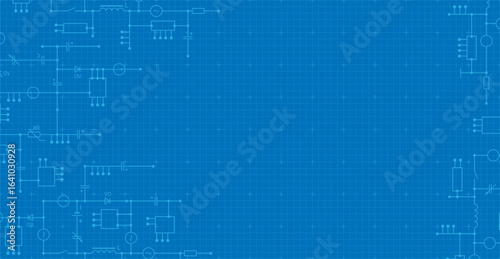 Electricity industry background with electrical circuit diagram. Vector background from components of conductors, connections, contour, controllers, transistors