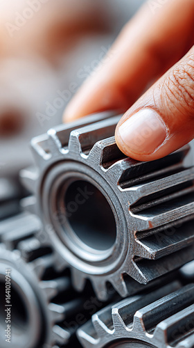 Close up of finger holding metal gear with other gears in background