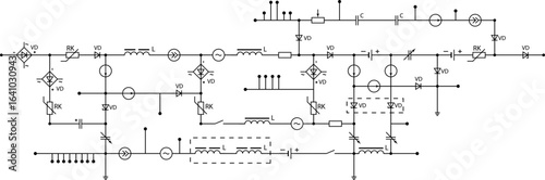 Electrical circuit diagram. Industry design element from components of conductors, connections, contour, controllers, transistors