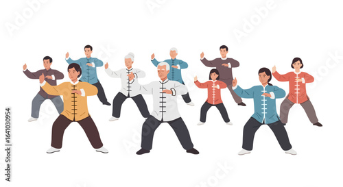 Diverse Group Practicing Tai Chi for Wellness and Balance, Suitable for Health, Fitness, and Traditional Chinese Culture Illustrations