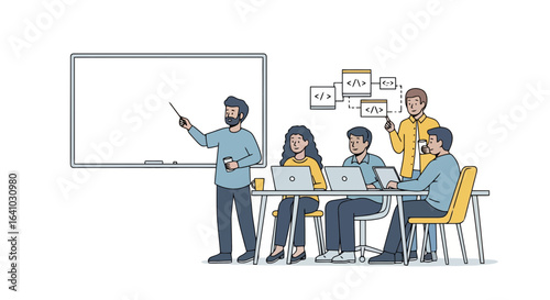 Collaborative Software Development Workshop Illustration Featuring Code Review and Teamwork. Ideal for showcasing Agile methodologies and tech training materials.