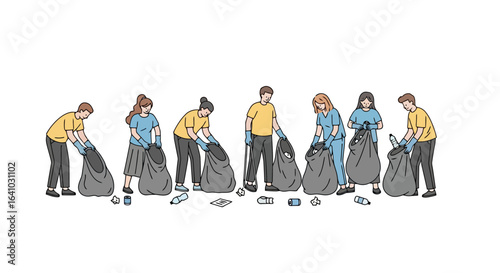 Group of diverse volunteers cleaning up litter, promoting environmental awareness and community service for social responsibility campaigns and educational resources