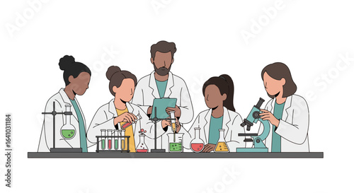 Diverse Team of Scientists Conducting Experiments in a Laboratory Setting, Ideal for Educational Materials and Scientific Research Presentations.