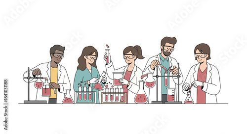 Diverse team of scientists conducting experiments in a modern laboratory illustration, suitable for educational materials, scientific publications, and research presentations.