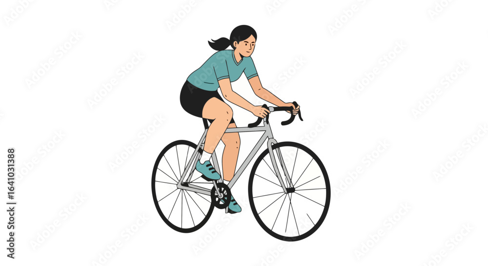 Obraz premium Woman Cycling on Road Bike Illustration for Promoting Active Lifestyles, Fitness, Transportation, and Environmental Awareness in Urban Settings and Sports Activities