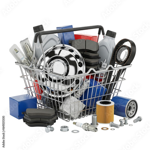 shopping basket with car parts and tools on Isolated transparent background png. generated with AI