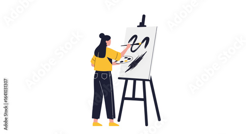 Artistic Creativity Unleashed A Young Woman Painting on Canvas, Ideal for illustrating artistic expression, creative hobbies, art education, or promoting art supplies and workshops.