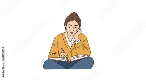 Quadro su tela Focused young woman sitting cross-legged and writing in a notebook, ideal for illustrating study habits, journaling, creative writing, or personal reflection projects