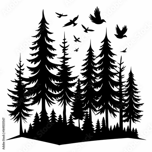pine Forest in fly birds vector clean black silhouette design white background