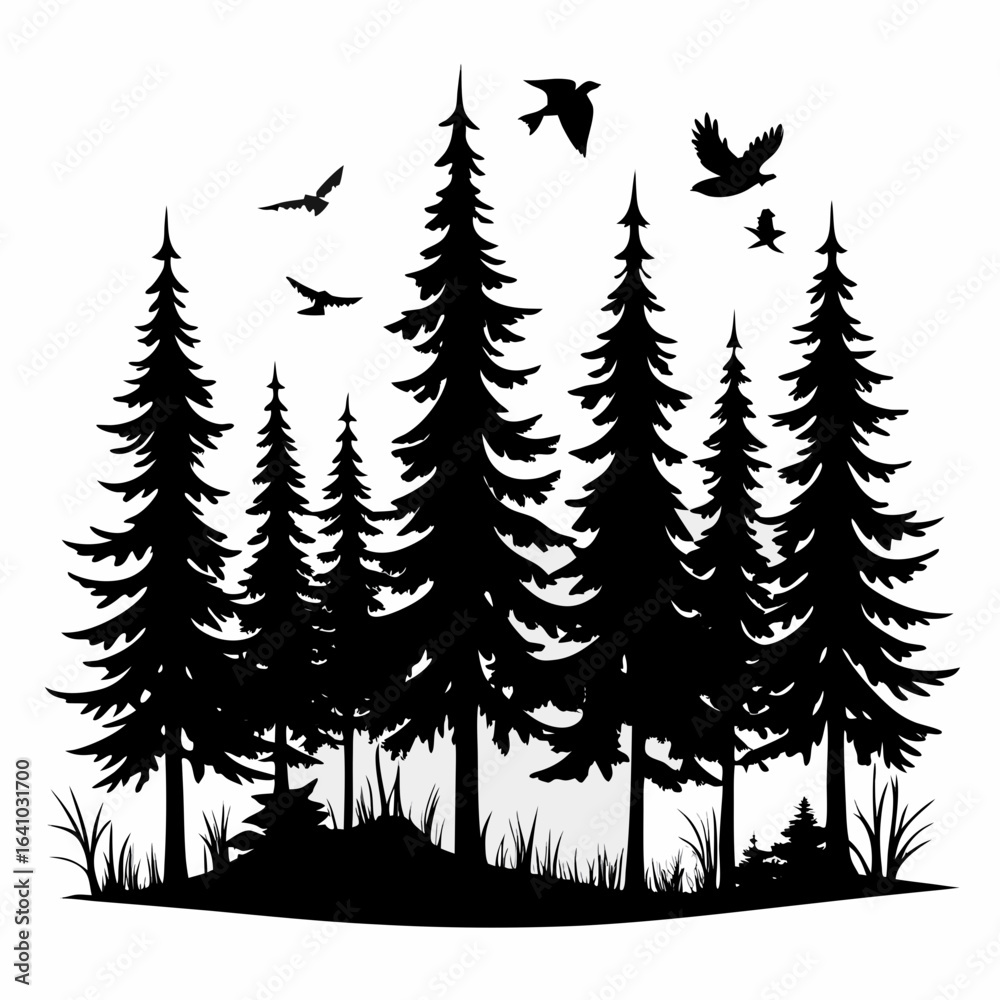Obraz premium pine Forest in fly birds vector clean black silhouette design white background