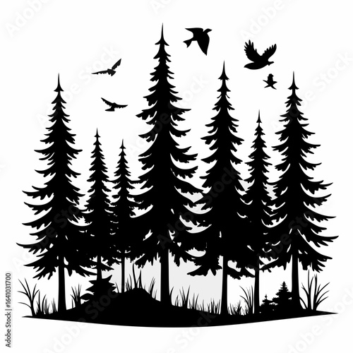 pine Forest in fly birds vector clean black silhouette design white background