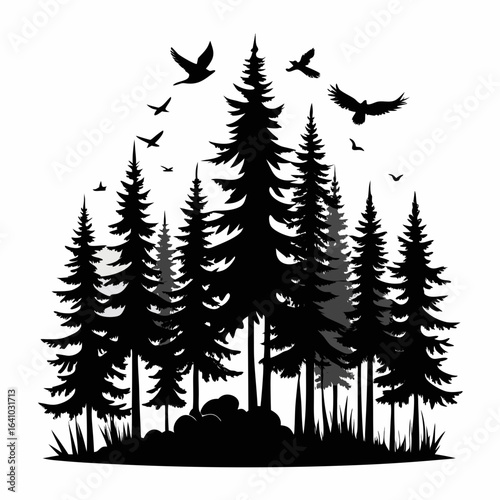 pine Forest in fly birds vector clean black silhouette design white background