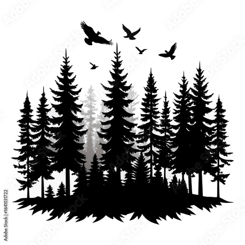pine Forest in fly birds vector clean black silhouette design white background