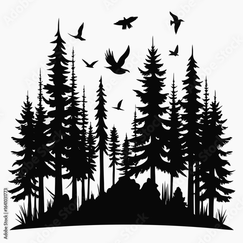 pine Forest in fly birds vector clean black silhouette design white background