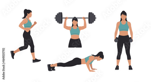 Fitness Training Exercises Featuring a Woman Performing Various Workout Routines Including Running, Weightlifting, Push-Ups, and Dumbbell Workouts for Health and Wellness