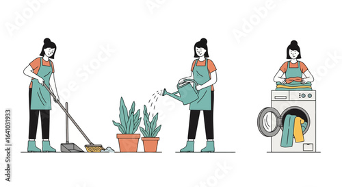 Illustrated Sequence of a Woman Performing Household Chores Including Sweeping, Watering Plants, and Doing Laundry for Lifestyle and Design Projects