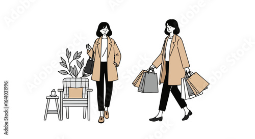 Illustrated Fashionable Woman Shopping, Ideal for Online Retail, Fashion Blogs, and Advertising Campaigns Aiming to Showcase Style and Consumer Lifestyle