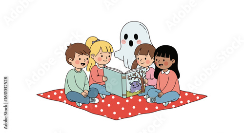 Children's Halloween Story Time Illustration Featuring a Ghost, Friendship, and the Joy of Reading Together on a Polka Dot Blanket