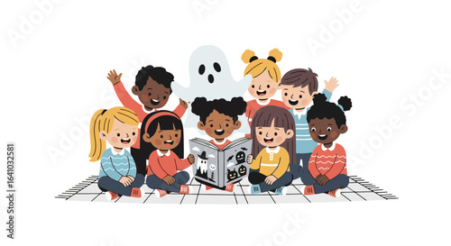 Diverse Group of Children Enthralled by a Spooky Halloween Storybook Illustration for Educational Materials and Festive Designs