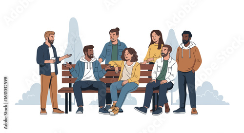 Diverse Group of Friends Gathering in the Park for Casual Conversation and Social Interaction, Suitable for Illustrating Community and Togetherness
