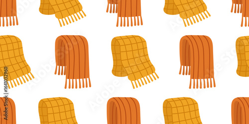 Vector cute seamless pattern with knitted scarves. Woolen clothes on white background. Print for warm wearing for cold weather. Pattern illustration with cozy wool scarves. Wrapping design.