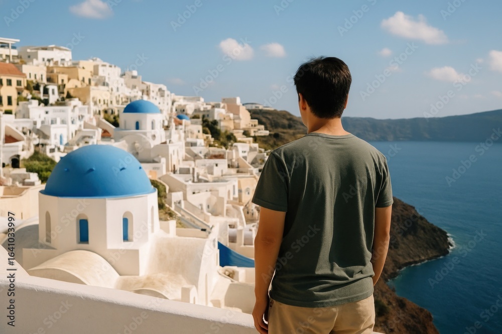 Obraz premium Man admiring stunning Santorini view.