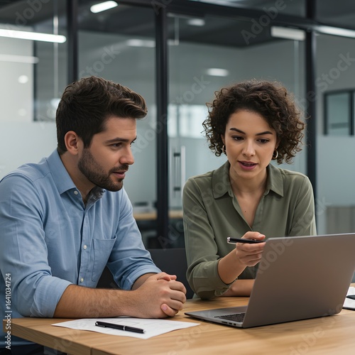 Two colleagues collaborating on a project using a laptop in an office setting