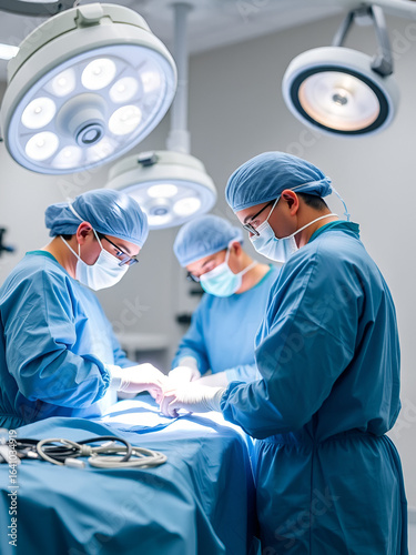 team of surgeons in sterile operating room performing complex surgical procedure with precision and focus, wearing blue surgical gowns, gloves, and masks under bright operating lights