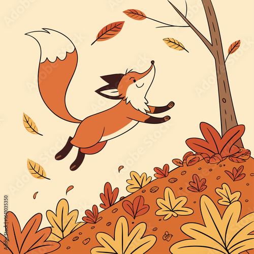 Fun Autumn Scene with Cute Fox Cub
