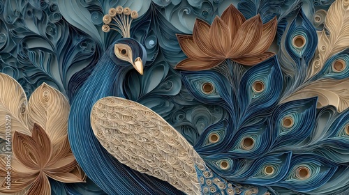 Blue peacock with beige accents in a swirling, decorative, layered, quilling art style